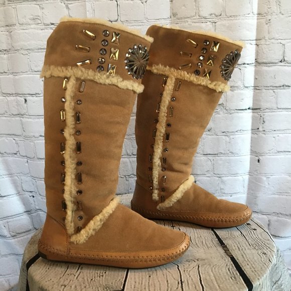 Tory Burch Shoes - Tory Burch Embellished Shearling/Leather Soft Boots - Size: 8  (Pre-Owned)